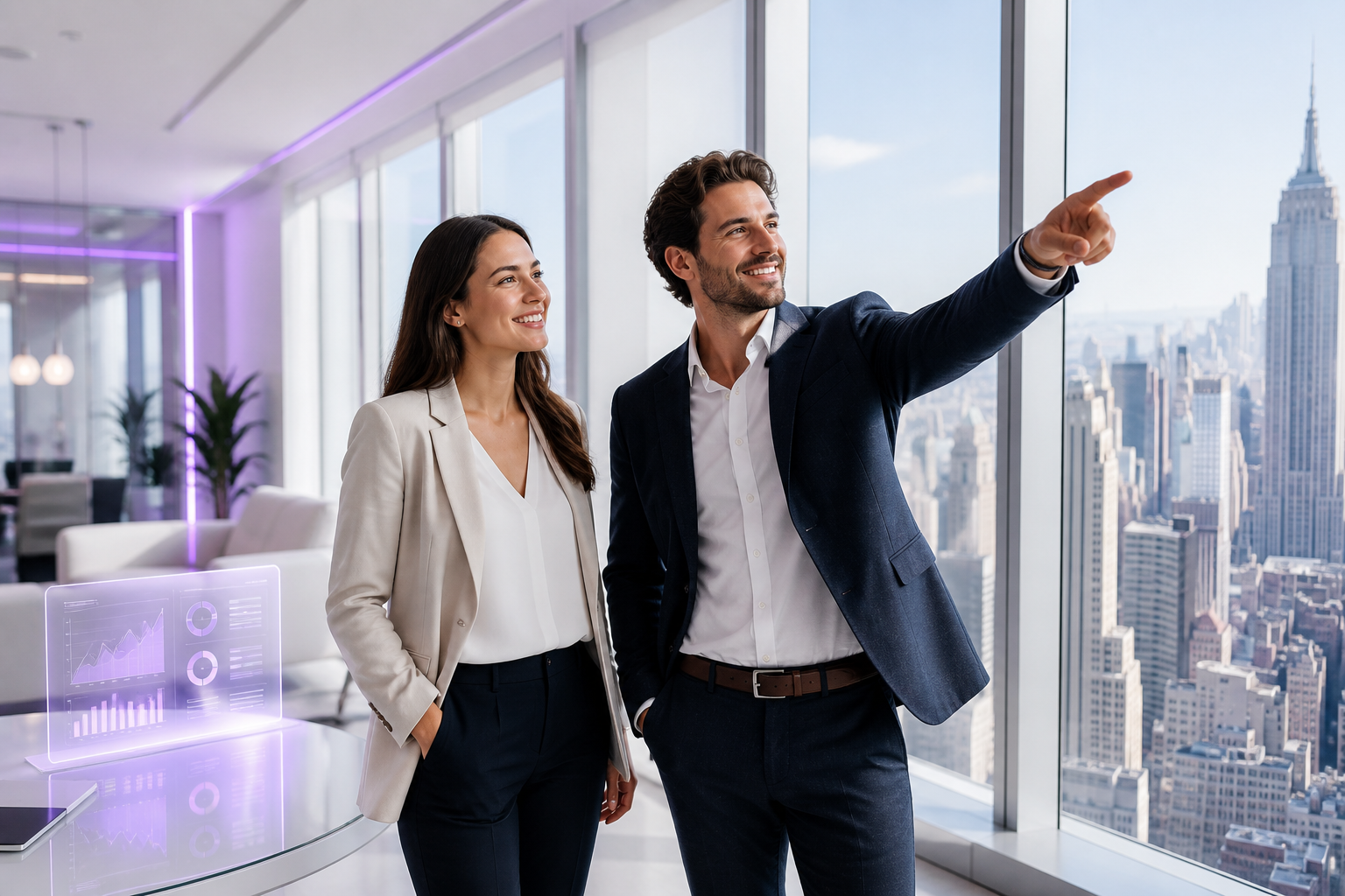 Two Business Hunter entrepreneurs looking toward the future from a high-rise New York office