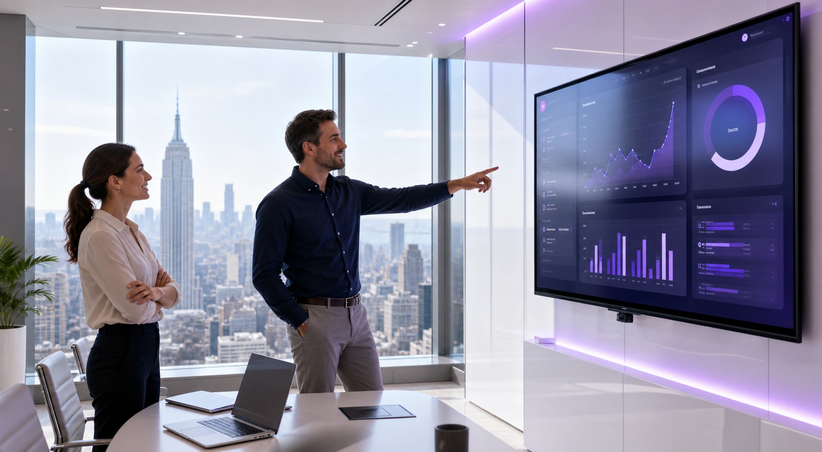 Two professionals reviewing a Business Hunter AI dashboard in a high-rise New York office