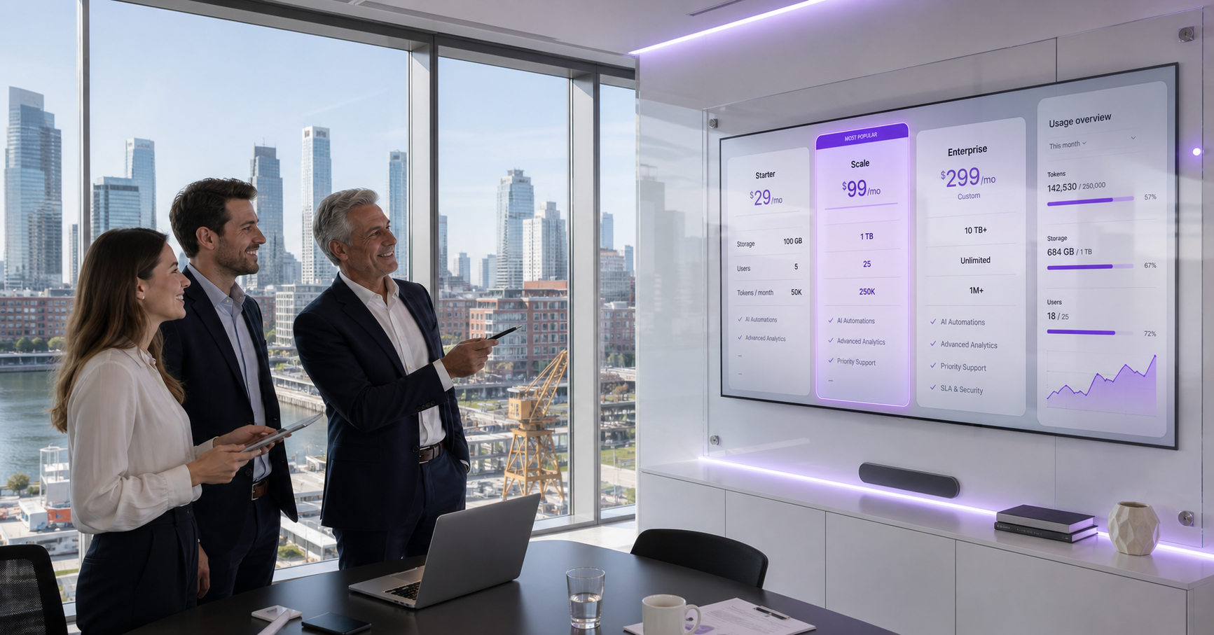 CFO and team reviewing Business Hunter pricing plans in a Puerto Madero office