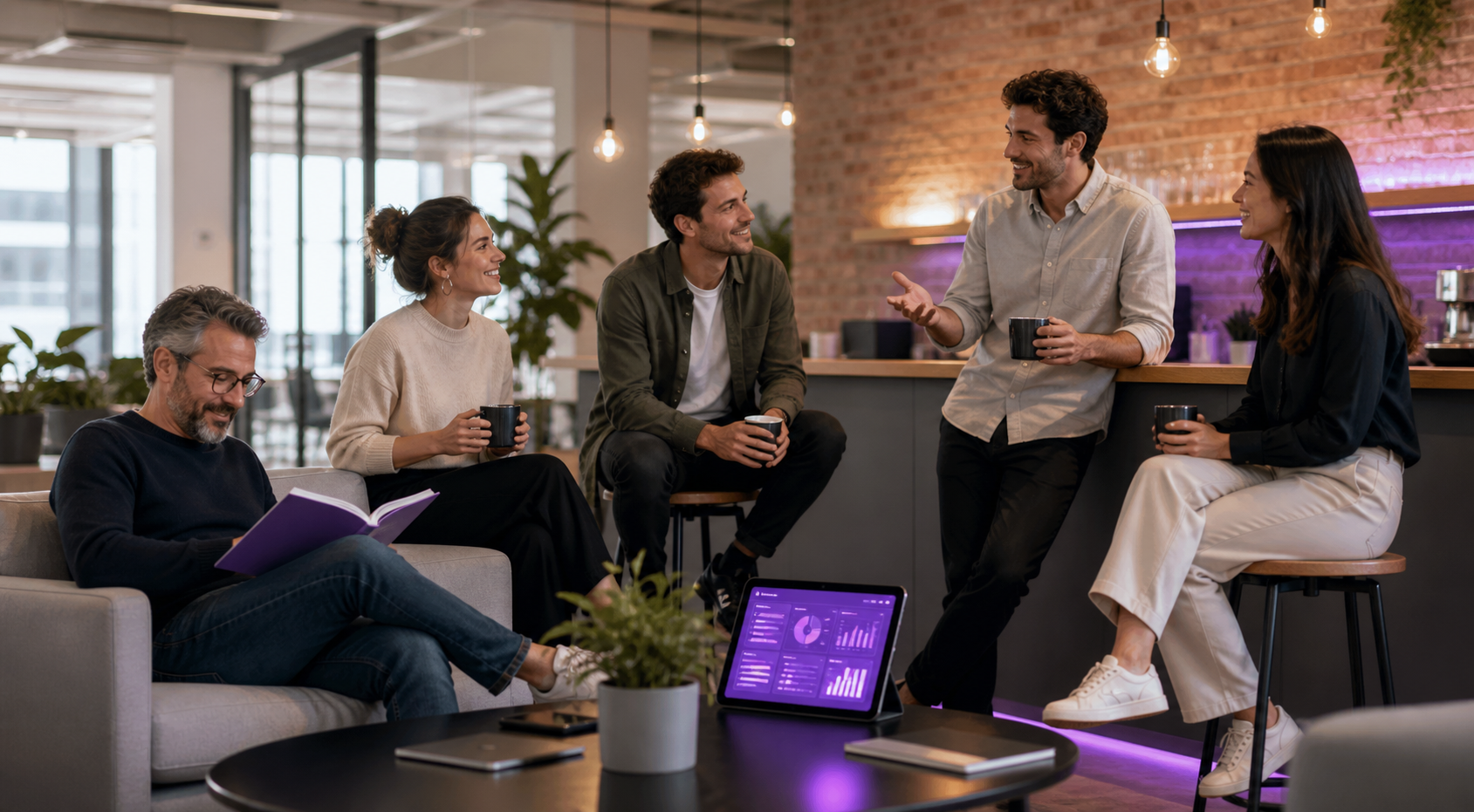 Business Hunter team sharing AI resources in a modern coworking cafe