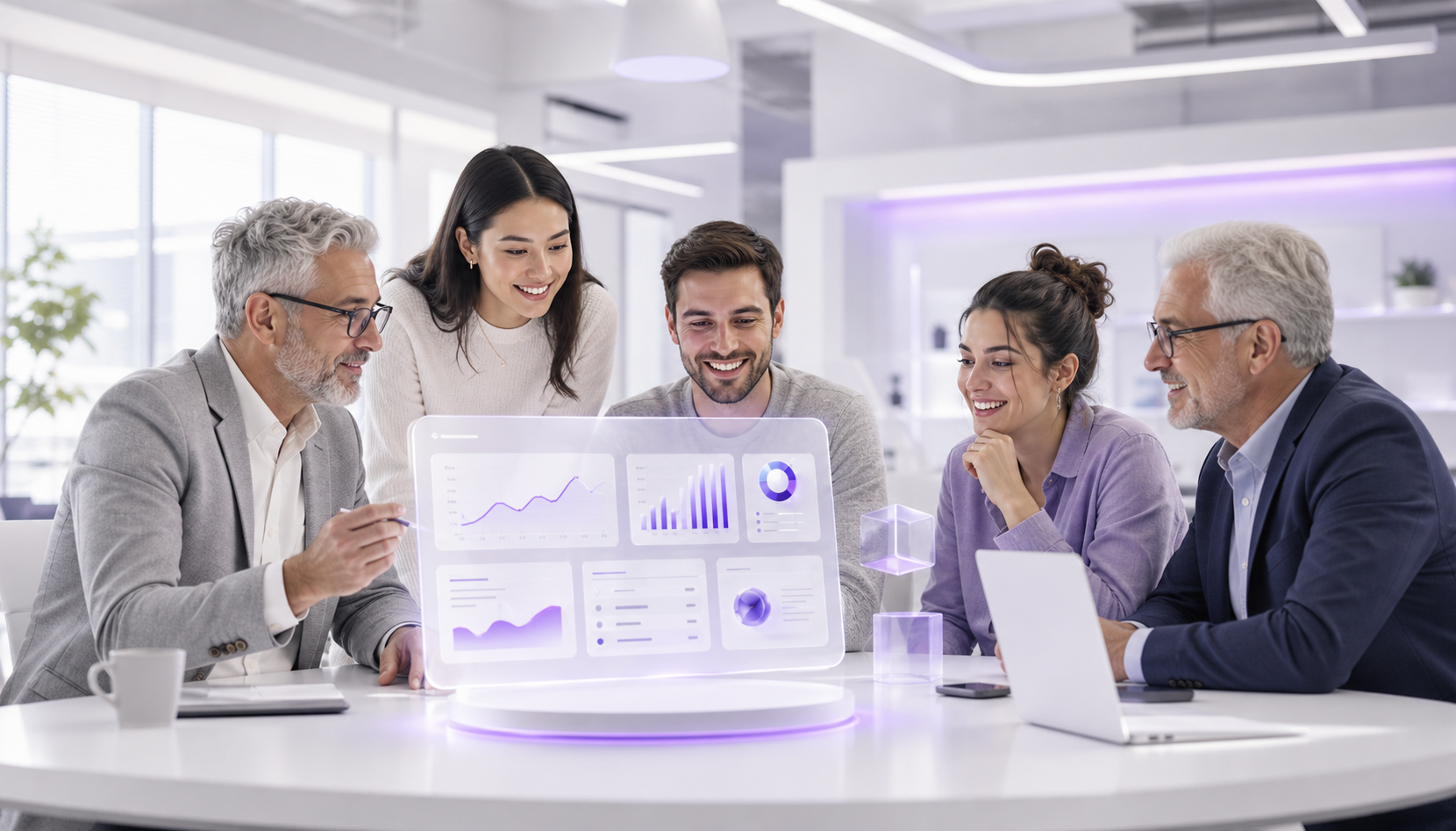 Business Hunter team collaborating in a modern AI startup office